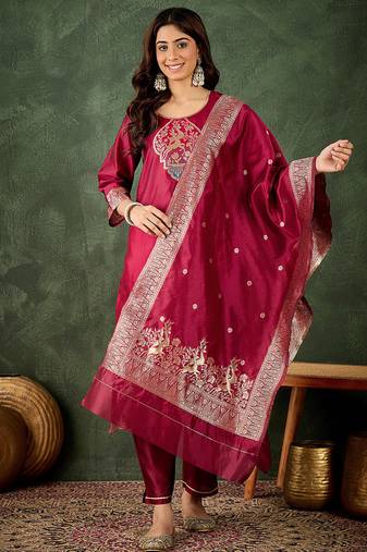 Silk blend cherry party wear banarasi woven work kurta set