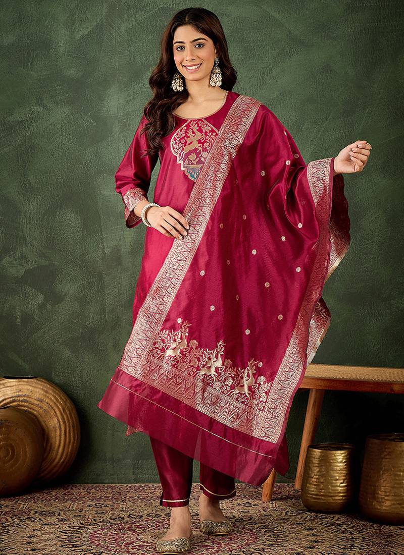 Silk blend cherry party wear banarasi woven work kurta set