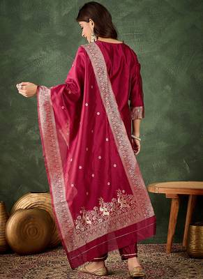 Silk blend cherry party wear banarasi woven work kurta set 2