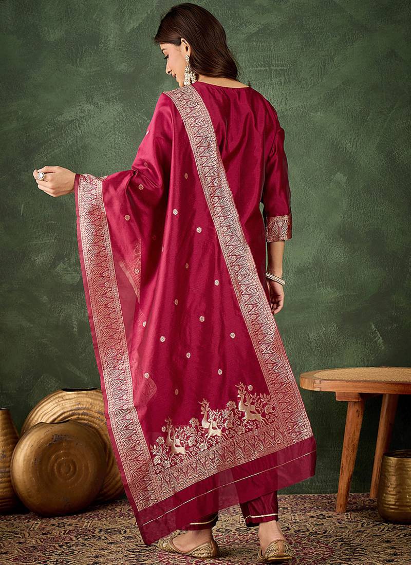 Silk blend cherry party wear banarasi woven work kurta set