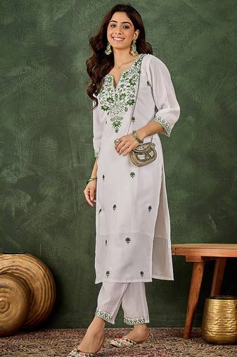 Roman silk blend green casual wear embroidery work readymade kurti with pant