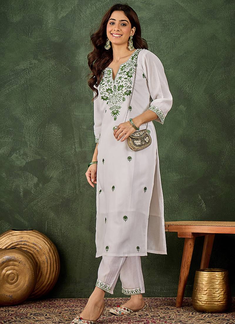 Roman silk blend green casual wear embroidery work readymade kurti with pant