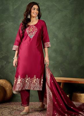 Silk blend cherry party wear banarasi woven work kurta set 3