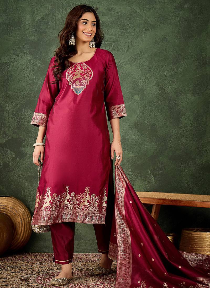Silk blend cherry party wear banarasi woven work kurta set