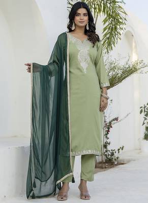 Silk blend pista casual wear embroidery work kurta set 1