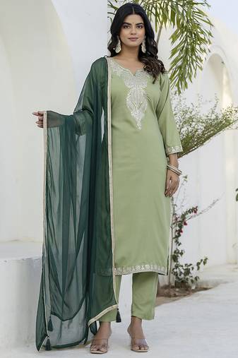 Silk blend pista casual wear embroidery work kurta set