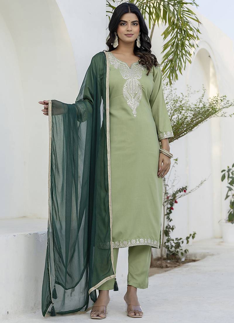 Silk blend pista casual wear embroidery work kurta set