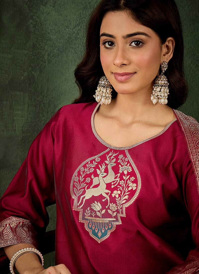 Silk blend cherry party wear banarasi woven work kurta set