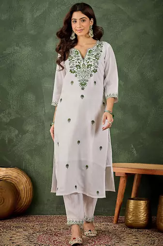 Roman silk blend green casual wear embroidery work readymade kurti with pant