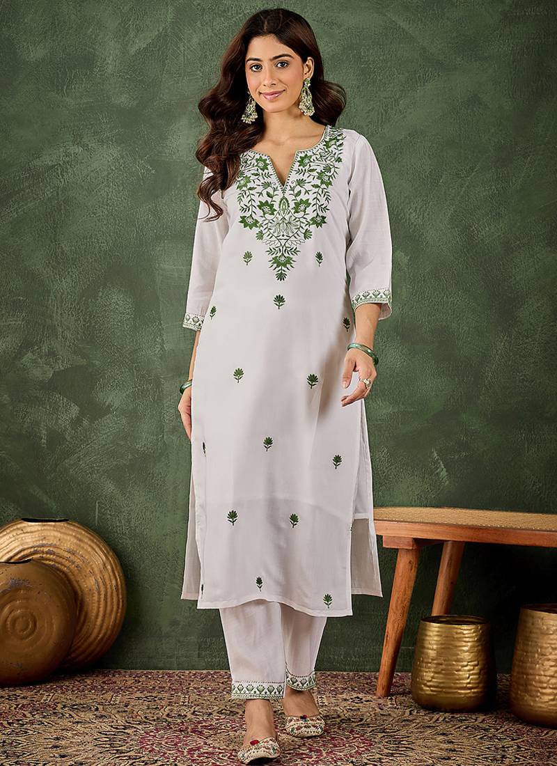 Roman silk blend green casual wear embroidery work readymade kurti with pant