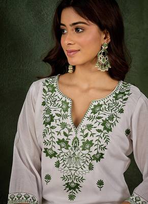 Roman silk blend green casual wear embroidery work readymade kurti with pant 3