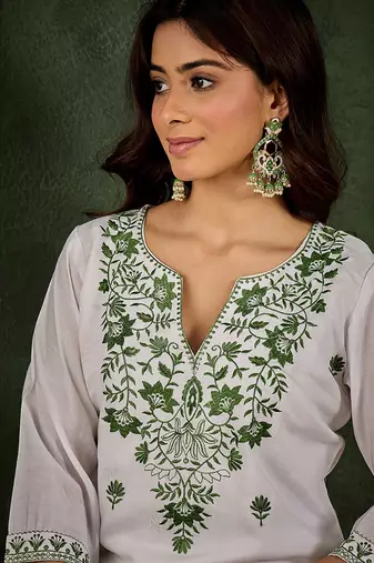 Roman silk blend green casual wear embroidery work readymade kurti with pant