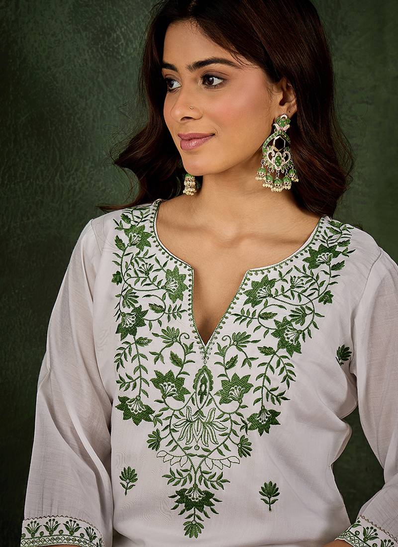 Roman silk blend green casual wear embroidery work readymade kurti with pant
