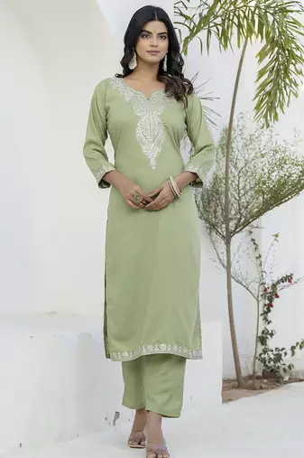 Silk blend pista casual wear embroidery work kurta set