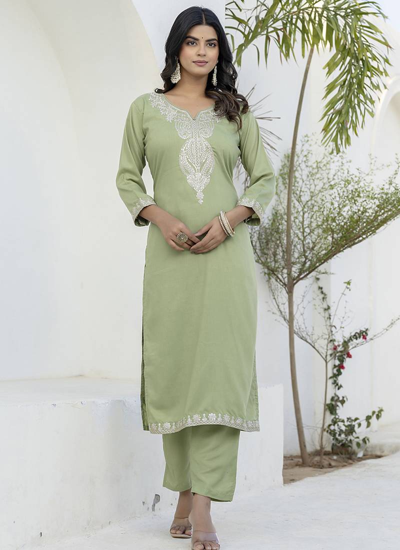 Silk blend pista casual wear embroidery work kurta set
