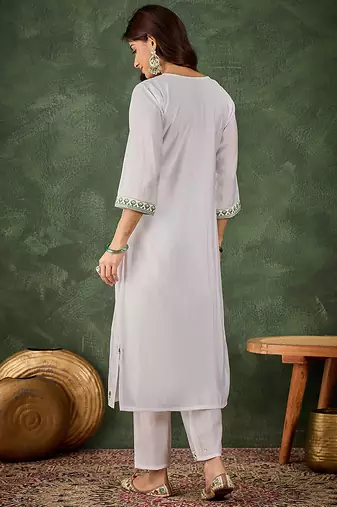 Roman silk blend green casual wear embroidery work readymade kurti with pant