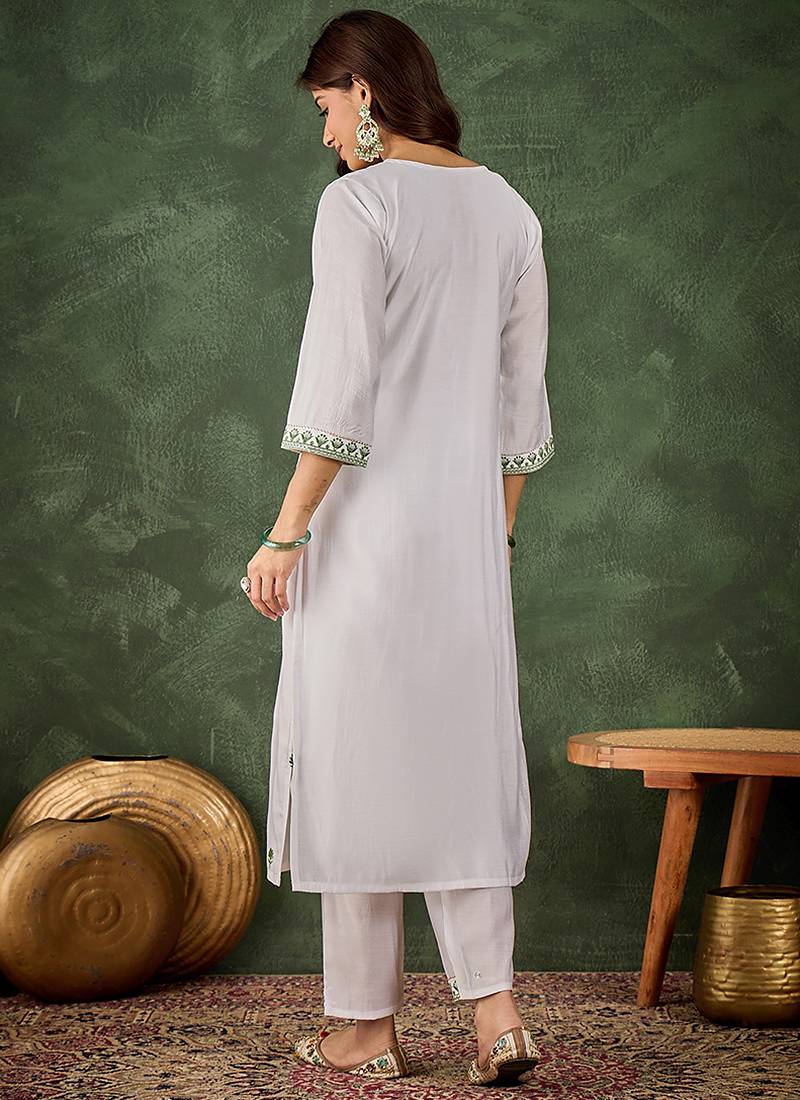 Roman silk blend green casual wear embroidery work readymade kurti with pant