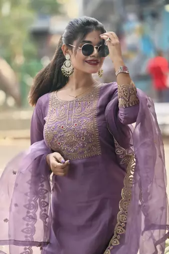 Silk blend lavender casual wear embroidery work kurta set