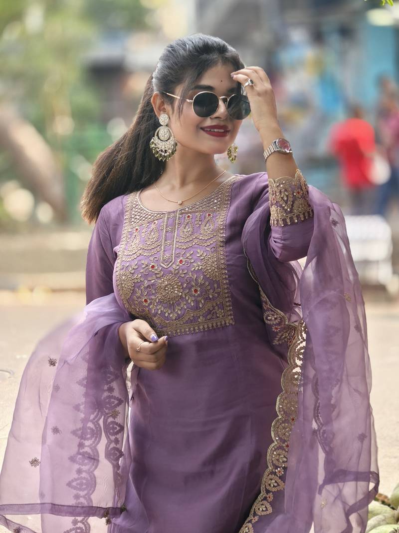 Silk blend lavender casual wear embroidery work kurta set
