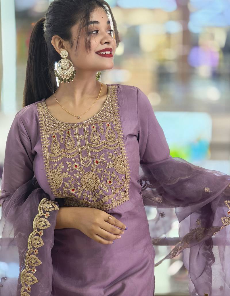 Silk blend lavender casual wear embroidery work kurta set