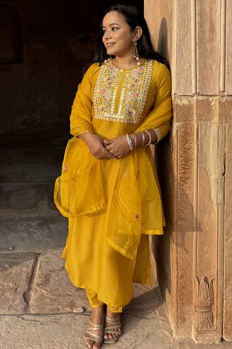 Silk blend mustard casual wear embroidery work kurta set