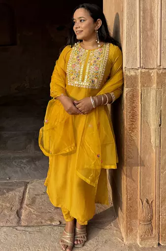 Silk blend mustard casual wear embroidery work kurta set