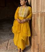 Silk blend mustard casual wear embroidery work kurta set