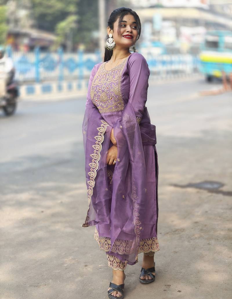 Silk blend lavender casual wear embroidery work kurta set