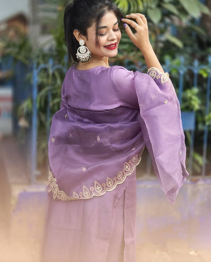 Silk blend lavender casual wear embroidery work kurta set