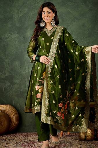Organza silk dark green wedding wear meenakari work kurta set