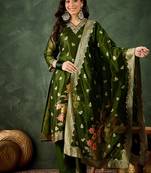 Organza silk dark green wedding wear meenakari work kurta set