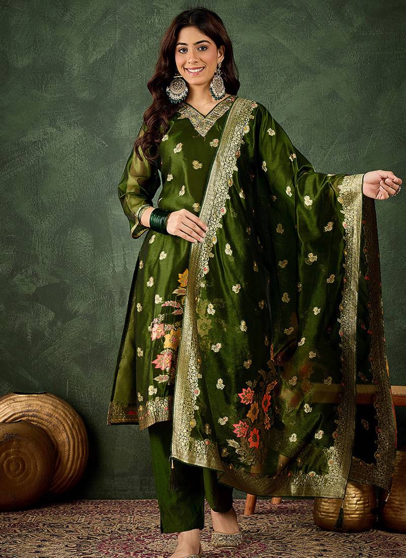 Organza silk dark green wedding wear meenakari work kurta set