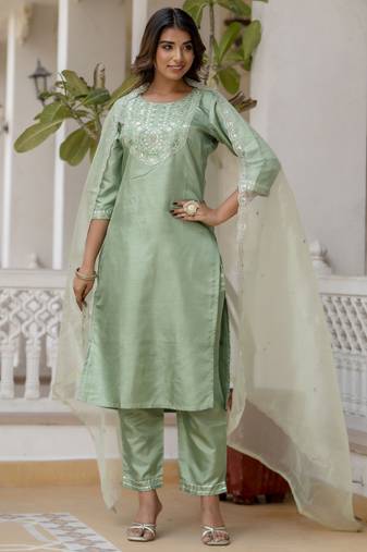 Silk blend pista casual wear embroidery work kurta set