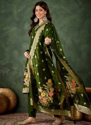 Organza silk dark green wedding wear meenakari work kurta set 2