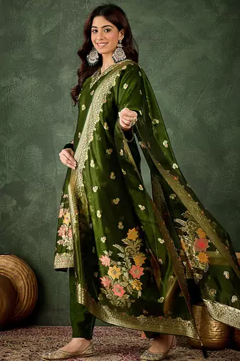 Organza silk dark green wedding wear meenakari work kurta set