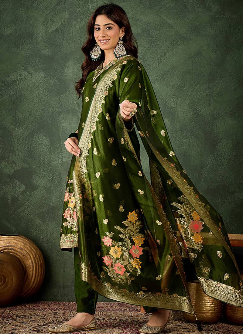 Organza silk dark green wedding wear meenakari work kurta set