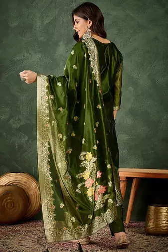 Organza silk dark green wedding wear meenakari work kurta set