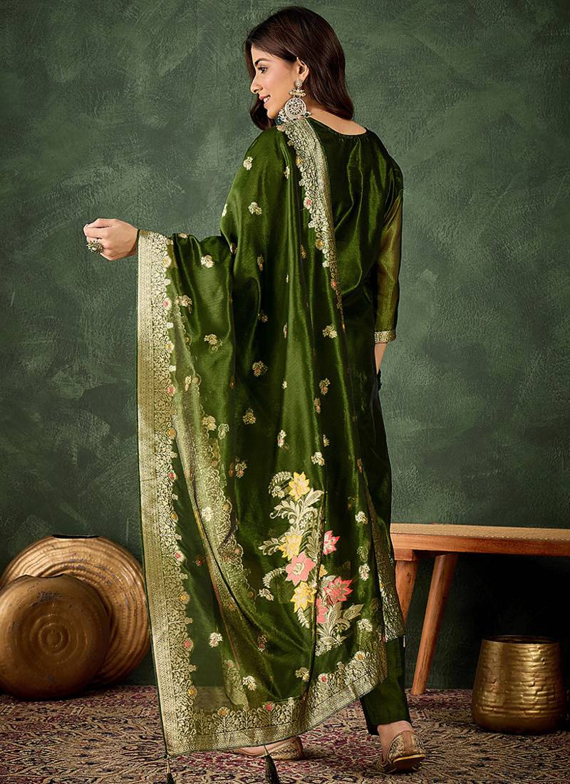 Organza silk dark green wedding wear meenakari work kurta set