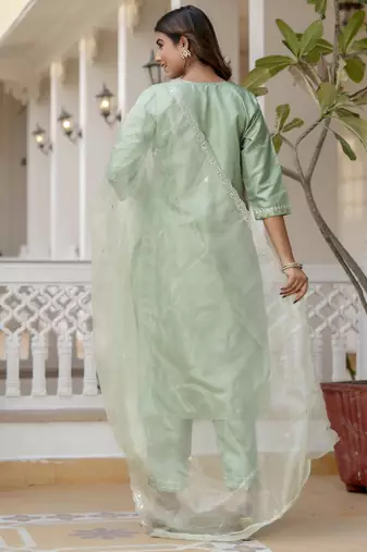 Silk blend pista casual wear embroidery work kurta set