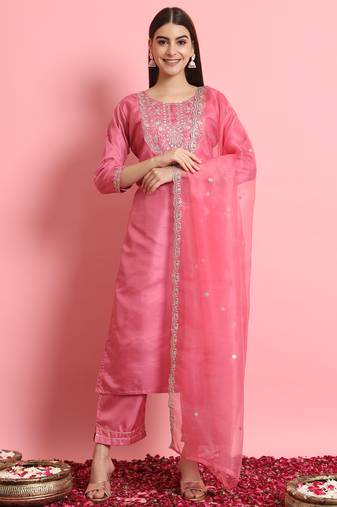 Silk blend pink casual wear embroidery work kurta set