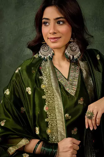 Organza silk dark green wedding wear meenakari work kurta set