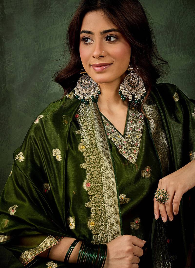 Organza silk dark green wedding wear meenakari work kurta set