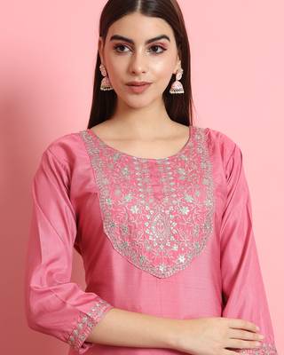 Silk blend pink casual wear embroidery work kurta set 2