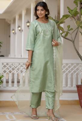 Silk blend pista casual wear embroidery work kurta set 3