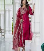 Silk blend red casual wear embroidery work kurta set