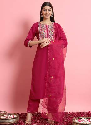 Silk blend rani pink casual wear embroidery work kurta set 1