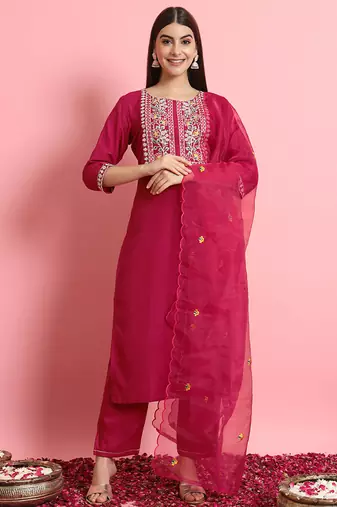 Silk blend rani pink casual wear embroidery work kurta set
