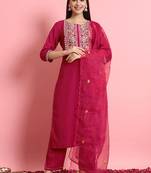 Silk blend rani pink casual wear embroidery work kurta set