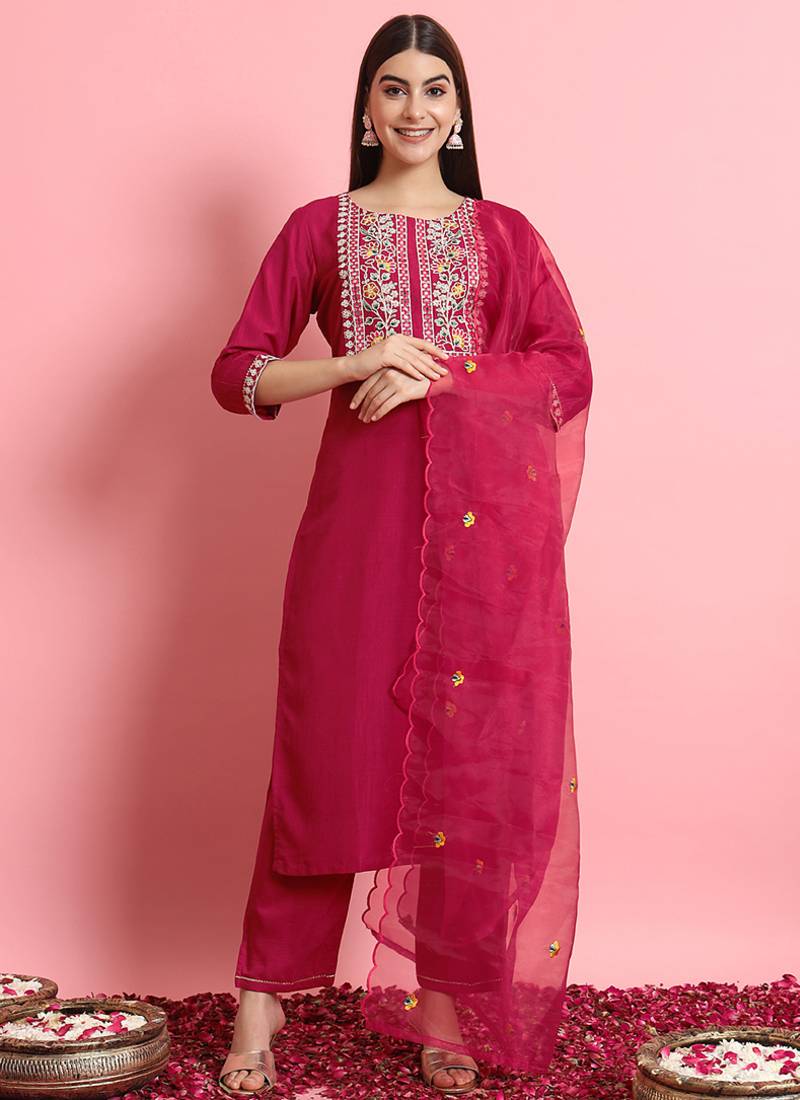 Silk blend rani pink casual wear embroidery work kurta set