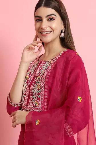 Silk blend rani pink casual wear embroidery work kurta set